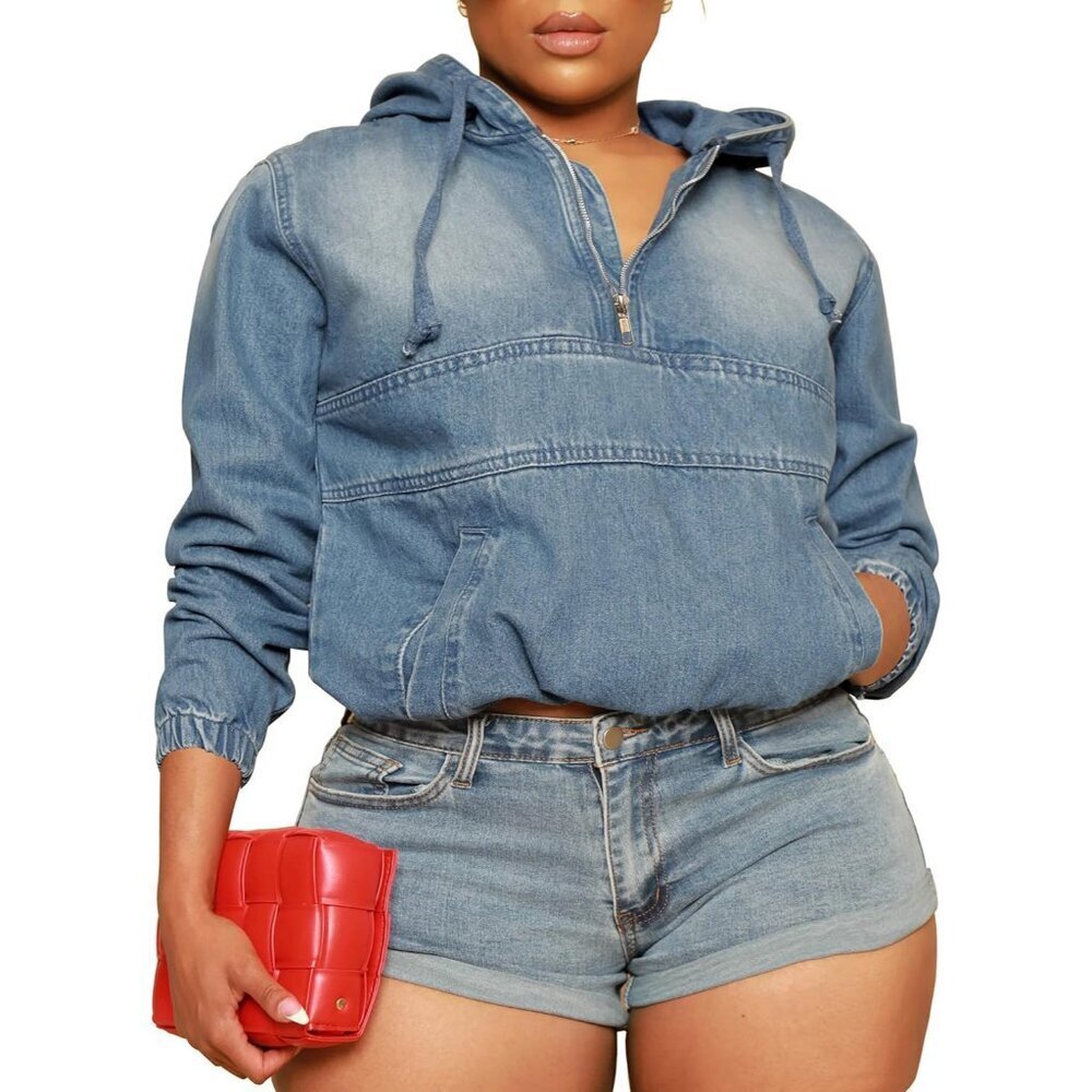 Women's Plus Size Denim Hoodie Jacket Cotton Zipper Pockets Casual Wear